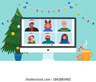Video conference with people group in winter costumes, meeting online. Friends talking on video. Computer screen, Christmas tree, cup with candy, Flat vector illustration.