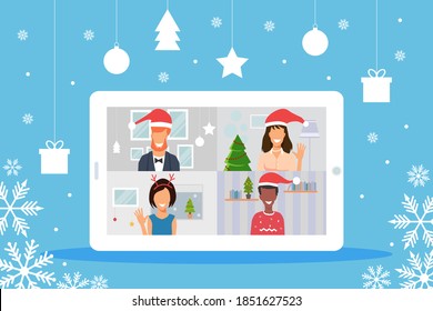 Video conference with people group in winter costumes, meeting online on decorative blue background with snowflakes and ornate. New normal and covid-19 concept. Flat design vector illustration