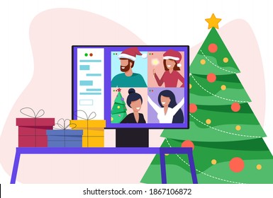 Video conference with people group in winter costumes, meeting online. Friends talking on video and celebrating Christmas. New normal and covid-19 concept. Vector illustration