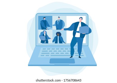 Video conference. People on computer screen taking with colleague. Vector illustration for web banner, infographics, mobile. Videoconferencing and online meeting 