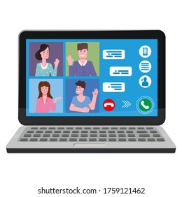 Video conference people on computer screen laptop talking by internet in videocall, chat, UI software. Online meeting team working from home workspace remote management communication meeting. Vector