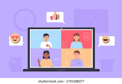 Video conference. People talking online. Laptop with app interface for online communication. Online meeting friends. Vector illustration