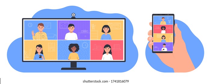 Video conference. People talking online. Smartphone and computer monitor with app interface for online communication. People stay at home. Online meeting friends. Vector illustration