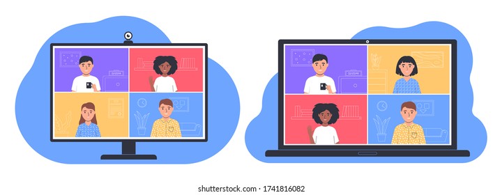 Video conference. People talking online. Laptop and computer monitor with app interface for online communication. People stay at home. Online meeting friends. Vector illustration