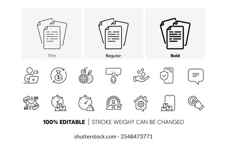 Videoconferência, seguro de telefone e ícones de linha de entrega rápida. Pacote de e-mail, negócios de consultoria, ícone Mensagem de texto. Armazenamento online, suco de laranja, pictograma de dinheiro da doação. Atenção. Vetor