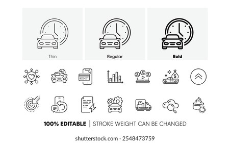 Ícones de videoconferência, mensagem telefônica e linha de computação em nuvem. Pacote de namoro, compras on-line, ícone de gráfico de diagrama. Alvo, Transporte de caminhão, Pictograma do carro do livro. Serviço de carro. Ícones de linha. Vetor