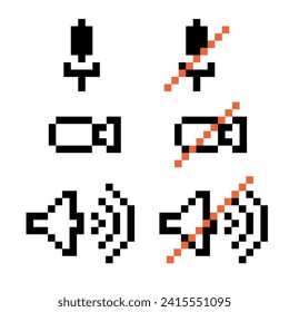 Video conference pixel icon set. User interface mobile app, messenger buttons: decline, answer, video on, off, volume. Videotelephony conversation vector sign. Retro computer game 8 bit design.