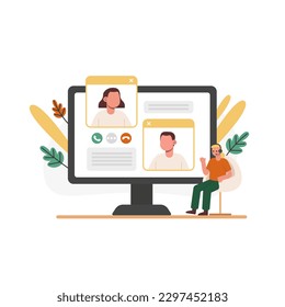 Video conference presentation. Female character explains how to use messenger. Learning about call center programs. How to receive video calls. Online communication for consultation