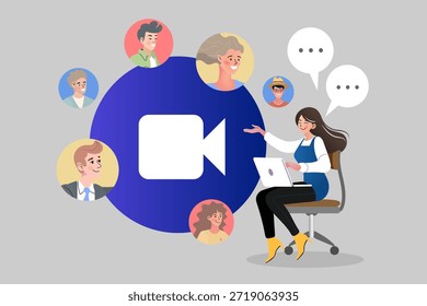 Video Conferencia y concepto de trabajo remoto. Mujer con el ordenador portátil que aloja la reunión en línea con el grupo diverso de la gente. Ilustración vectorial plana para webinar, equipo virtual y comunicación digital.