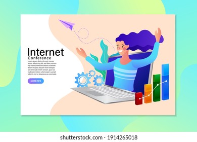 Video conference. Remote work. stay at home, female working on laptop. people with computer. Flat design vector illustration.