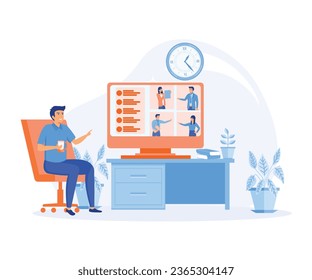 video conference, remote work, technology concept. Man at desktop chatting with friends online. flat vector modern illustration 