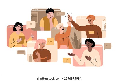 Video conference of remote workers from home, online team call, happy smiling men and women have meeting on computer screen. Virtual office concept, vector illustration of communication, flat cartoon