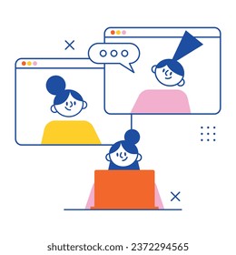 Video conference of remote workers from home, online team call, happy smiling men and women have meeting on computer screen. Virtual office concept, vector illustration of communication, flat cartoon
