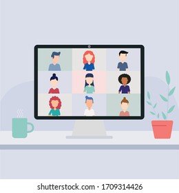 Video conference remote working and work from anywhere concept. People connecting together, Vector flat people illustration.