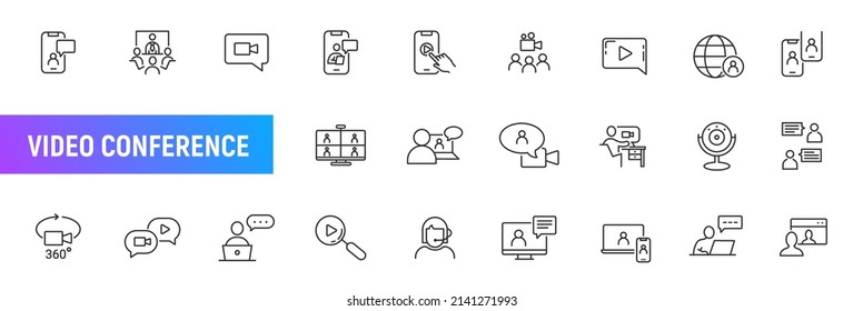 Video conference room line icon webinar. Video call outline interview vector conference camera trainig symbol