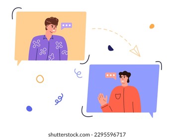 Video conference scene concept. Worker speaking virtual meeting and group video conference. Man at web window chatting with friends online. Vector illustration for videoconference technology concept