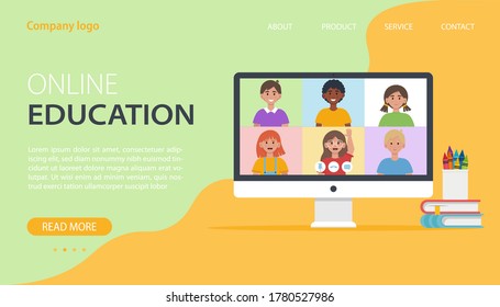 Video conference with school children. Online education concept. Flat vector illustration