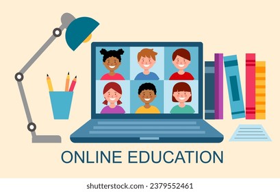 Video conference with school children. Online education concept.