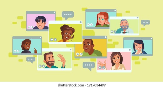 Video conference screen with group of people. Online communication of team or friends, virtual business meeting, conversation on webinar or course. Vector cartoon videoconference