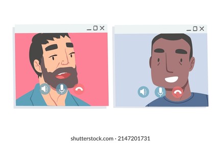 Video Conference Screen with Man Calling Friend and Communicating Via Internet App Vector Set