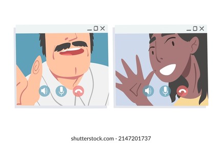 Video Conference Screen with Man and Woman Calling Friend and Communicating Via Internet App Vector Set