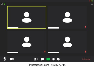 Video conference screen. Online meeting interface. Video call template. Four windows. User symbol. Vector illustration