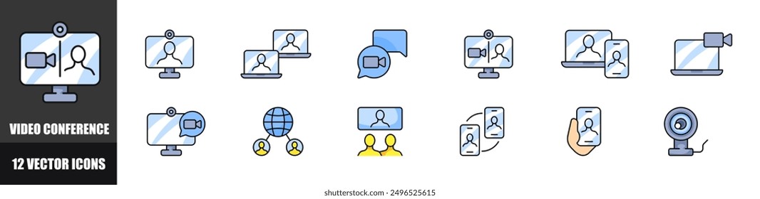 Video conference set icons. Flat style. Vector icons.