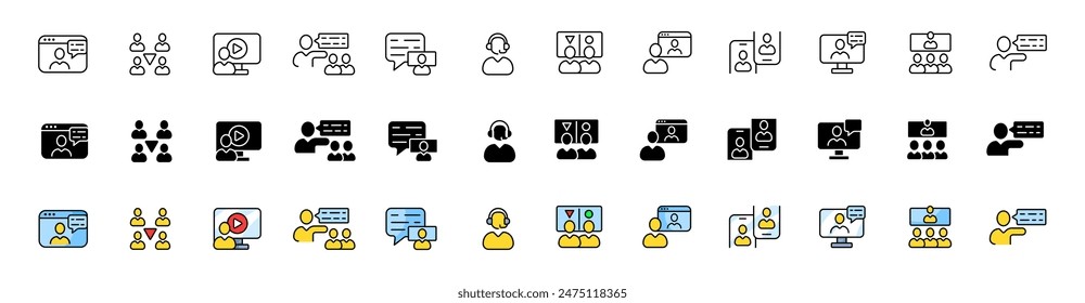 Video conference set icons. Message bubble icons. Linear, silhouette and flat styles. Vector icons.