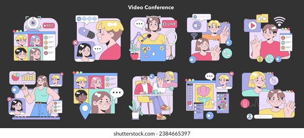 Video Conference set. Modern digital communication with playful characters. Virtual meeting, online chat, and webinar sessions. Interactive platforms, content sharing, and lively discussions.