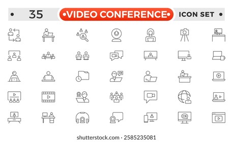 Video Conference set outline icon. Live webinar icons for web and mobile app. Containing conference, business meeting, classroom, team, interview, conference, work, discussion, Video call.
