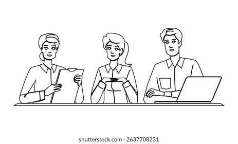 video conference team work vector. call remote, computer group, man desk video conference team work character. people black line pencil drawing illustration