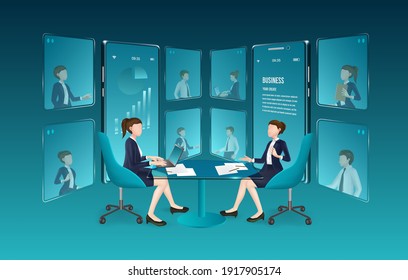 Video conference template for business media design,vector technology and business concept design,vector charactor template,bank staff meeting or office worker video conference