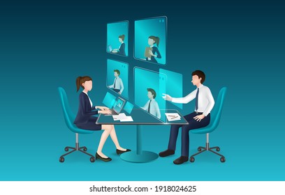 Video conference template for business media design,vector technology and business concept design,vector 3d charactor peple on blue background
