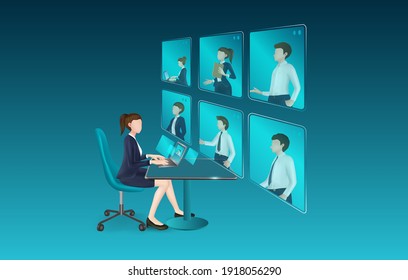 Video conference template for business media design,vector technology and business concept design,vector charactor template business,woman typing at laptop computer and looking at monitor