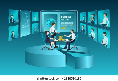 Video conference template for business media design,vector technology and business concept design,vector 3d charactor template,Bank staff meeting or office worker video conference