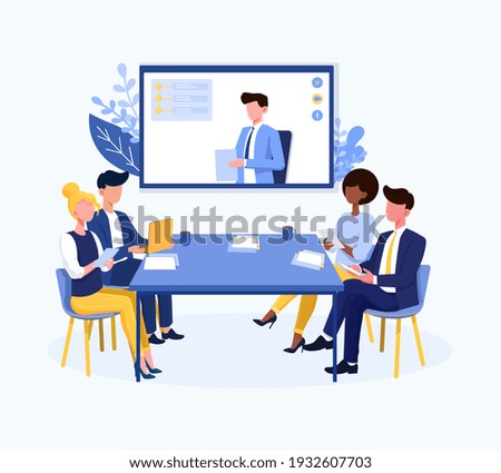 Video conference theme and multiracial business team in online call. Flat cartoon vector illustration with fictional characters