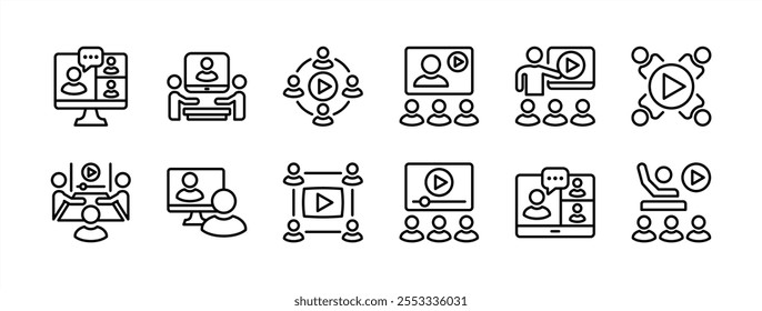 Conjunto de vetores de ícone de linha fina de videoconferência. Contendo trabalho remoto, reunião on-line, local de trabalho, freelance, seminário, sala de aula, educação, treinamento, comunicação, discussão, reunião, aprendizagem