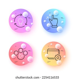 Video conference, Touchscreen gesture and Calendar minimal line icons. 3d spheres or balls buttons. Idea icons. For web, application, printing. Remote business, Zoom out, Schedule planner. Vector