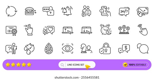 Video conference, Touchscreen gesture and Lock line icons for web app. Pack of Heart, Food delivery, Swipe up pictogram icons. 24h service, Alarm, Security lock signs. Reject certificate. Vector