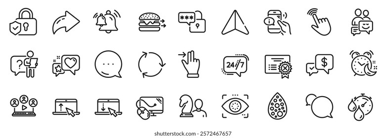 Video conference, Touchscreen gesture and Lock line icons pack. Share, Message, Paper plane icons. Heart, Food delivery, Swipe up web icon. 24h service, Alarm, Security lock pictogram. Vector