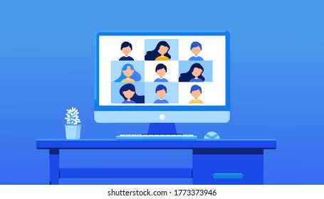 Video conference for training. E-learning, online meeting, work from home concept on blue background. Vector illustration, flat lay style