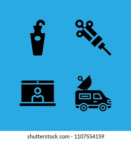 video conference, umbrella stand, syringe and van icons vector in sample icon set for web and graphic design