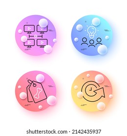 Video conference, Update time and Pet tags minimal line icons. 3d spheres or balls buttons. Business idea icons. For web, application, printing. Remote presentation, Refresh watch, Dog bone. Vector