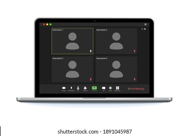 Video conference user interface. Video call screen interface template. Application for social communication. Four users.