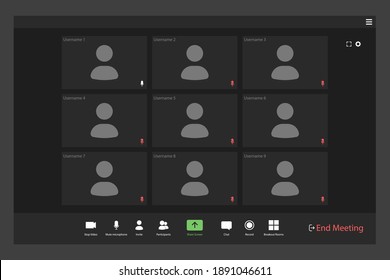 Video conference user interface. Video call screen interface template. Application for social communication. nine users.