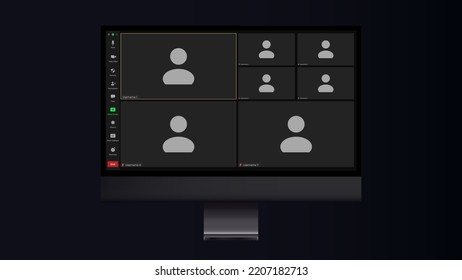 Interfaz de usuario de videoconferencia. Plantilla de interfaz de pantalla de videollamadas. Solicitud de comunicación social. Superposición de la ventana de videoconferencia. Siete usuarios.