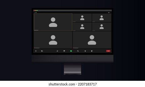 Video conference user interface. Video call screen interface template. Application for social communication. Video conferencing window overlay. Seven users.