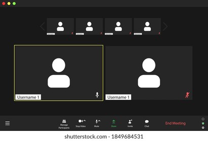 Video conference user interface, video conference calls window overlay. Six users.