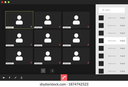 Video conference user interface with a list of users, video conference calls window overlay. Nine Users.
