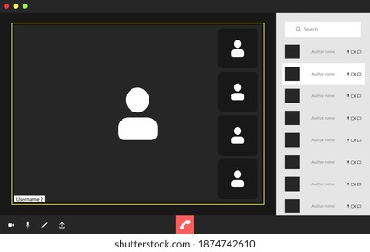 Video conference user interface with a list of users, video conference calls window overlay. Five Users.